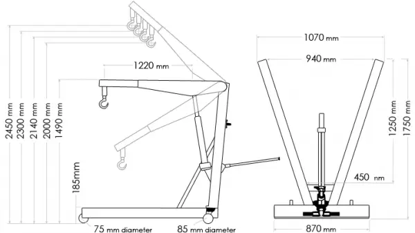 Length and reach of engine lift hoist