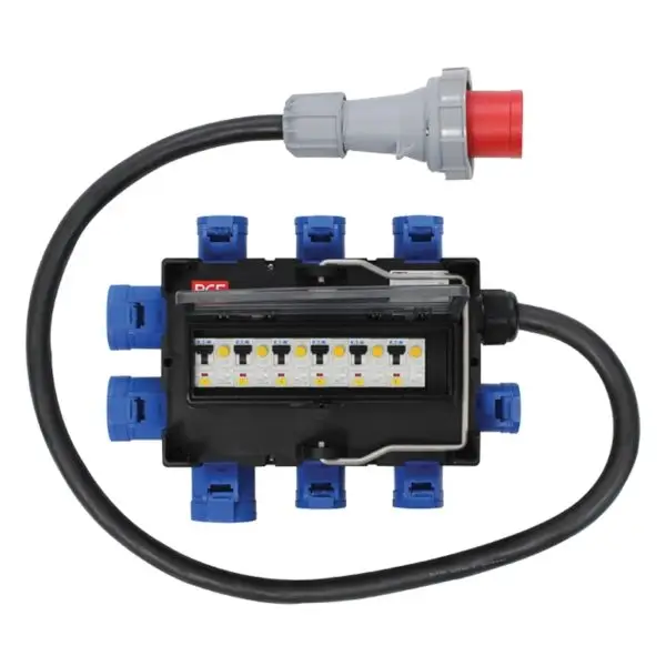 Picture of 63a mains distributor made by pce with 3x 32a single phase and 3x 16a single phase blue outlets