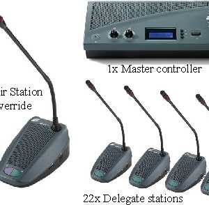picture of chairperson microphone along with several delegate microphone stations and a master controller