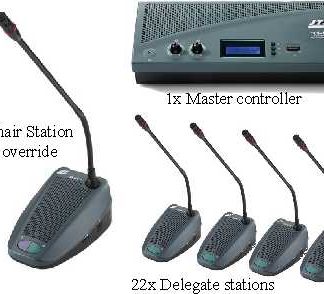picture of chairperson microphone along with several delegate microphone stations and a master controller