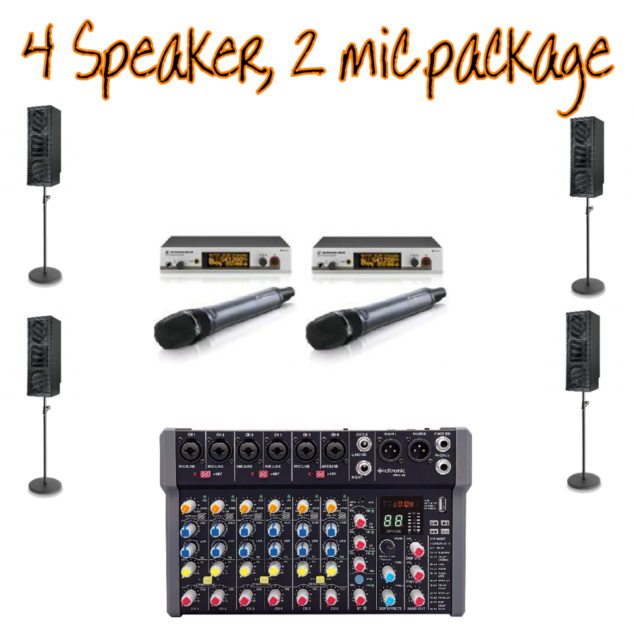 4 Speaker PA system, 2 radio mic package