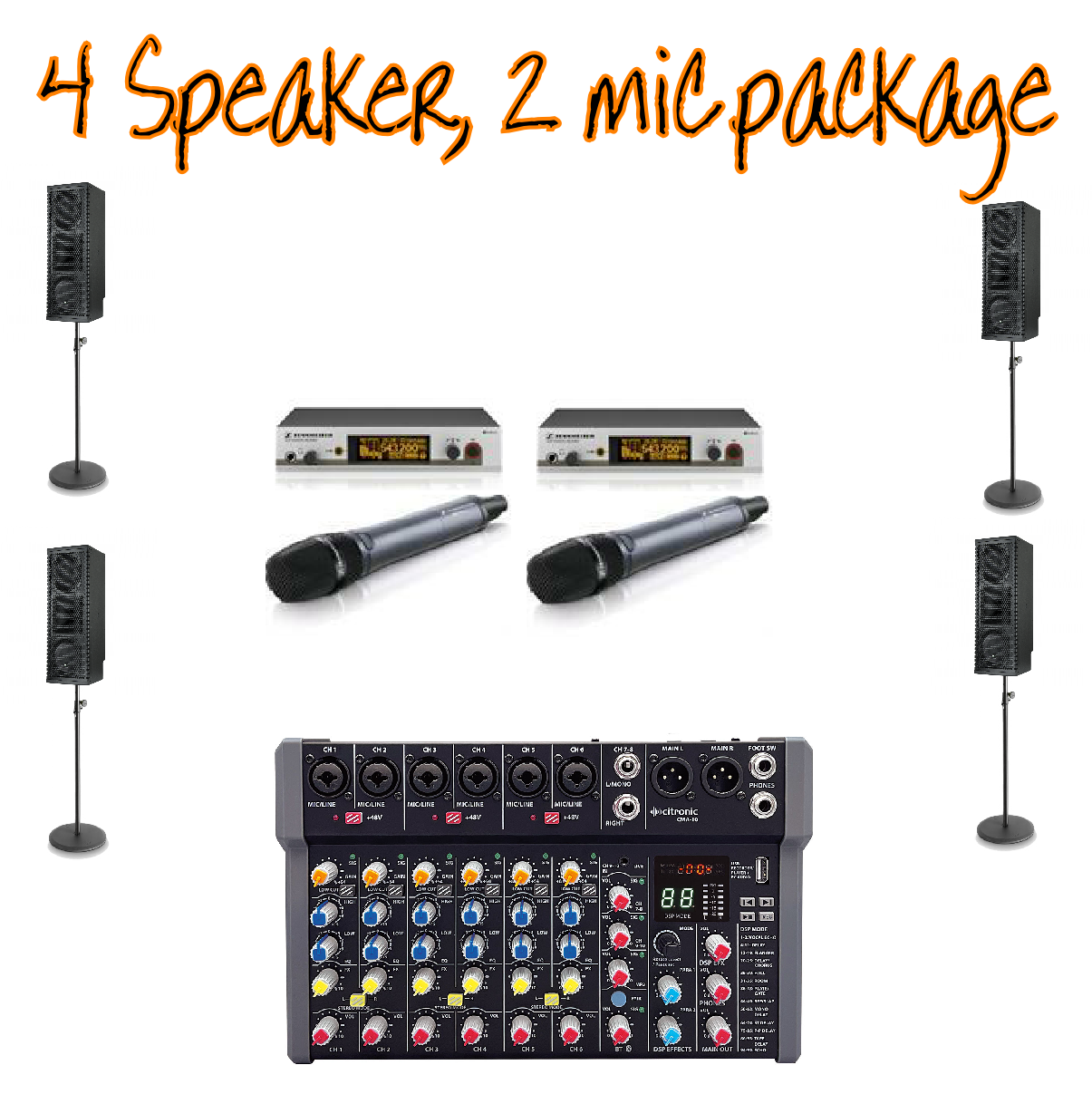 4 Speaker PA system, 2 radio mic package 1 4 Speaker PA system, 2 radio mic package