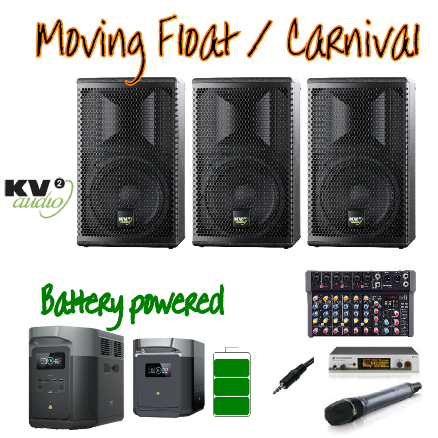Battery powered PA system for carnival floats