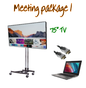 75" TV, Floor stand laptop and cables