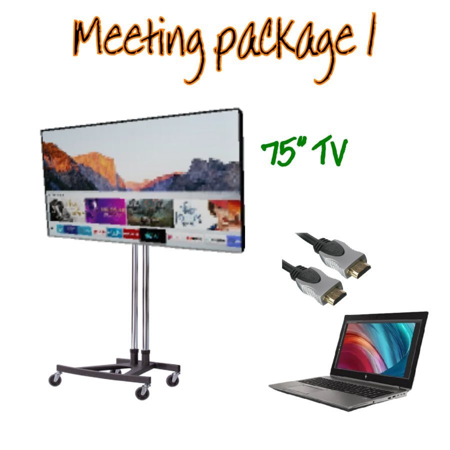 75" TV, Floor stand laptop and cables